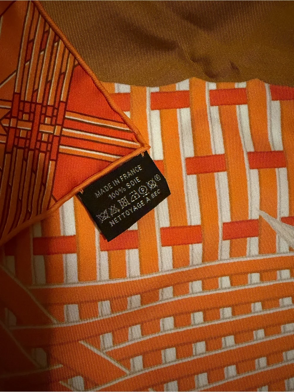 Hermes Masan Masan 90 Silk Scarf in Orange and Brown